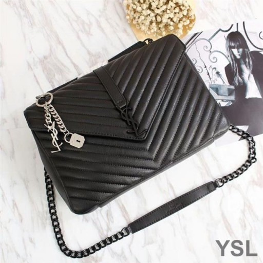 Yves Saint Laurent Grote Klassieke College Chain Bag In Matelasse Leer Zwart