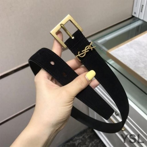 Yves Saint Laurent Monogram Riem Met Vierkante Gesp In Suede Zwart/Goud