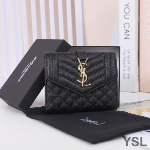 Yves Saint Laurent Kleine Envelop In Drieën Vouwen Portemonnee In De Gemengde Korrel Matelasse Leer Zwart/Goud