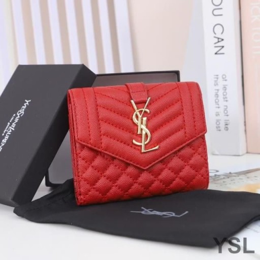 Yves Saint Laurent Kleine Envelop In Drieën Vouwen Portemonnee In De Gemengde Korrel Matelasse Leer Rood/Goud