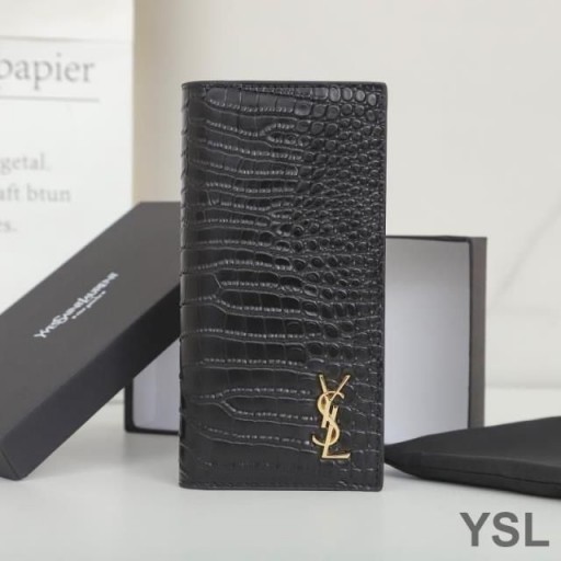 Yves Saint Laurent Kleine Monogram Continentale Portemonnee In Crocodile Reliëf Leer Zwart/Goud
