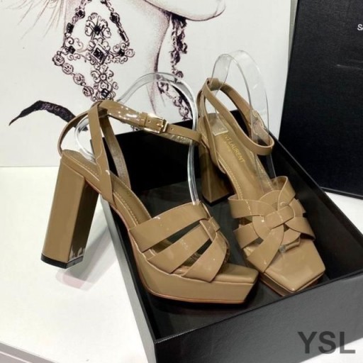 Yves Saint Laurent Tribute Platform Sandaal In Lakleer Khaki
