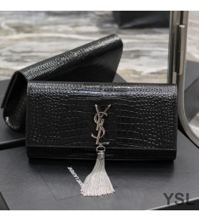 Yves Saint Laurent Kate Koppeling met een Kwastje In Crocodile Reliëf Leer Zwart/Zilver