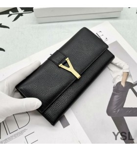 Yves Saint Laurent Large Y-Ligne Flap Wallet In Grained Leather Black/Gold
