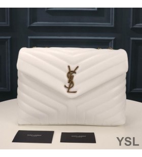Yves Saint Laurent Medium Loulou Chain Bag In Y Matelasse Leer Wit/Goud
