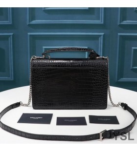 Yves Saint Laurent Medium Zonsondergang Satchel In Krokodil-Reliëf Glanzend Leer Zwart/Zilver