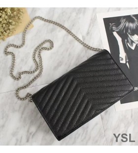 Yves Saint Laurent Monogram Ketting Portemonnee In Generfd Matelasse Leer Zwart/Zilver
