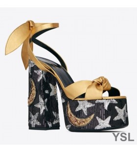Yves Saint Laurent Paige Platform Sandalen In Leer met Pailletten Goud Borduursel