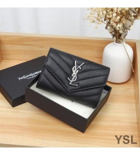 Yves Saint Laurent Kleine Klep Van De Envelop Portemonnee In Generfd Matelasse Leer Zwart/Zilver