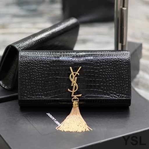 Yves Saint Laurent Kate Kytkimen kanssa Tupsu Krokotiili Kohokuvioitu Nahka Musta/Kulta