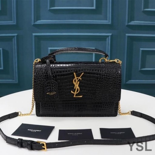 Yves Saint Laurent Keskipitkän Sunset Olkalaukku Krokotiili-Kohokuvioitu Kiiltävä Nahka Musta/Kulta
