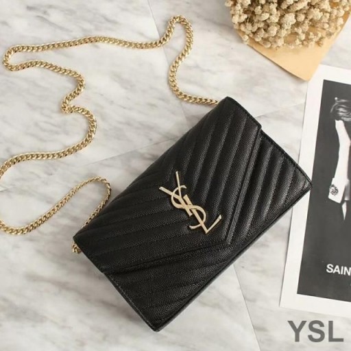 Yves Saint Laurent Monogrammi Ketju Lompakko Martioitu Matelasse Nahka Musta/Kulta