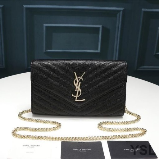 Yves Saint Laurent Monogrammi Ketju Lompakko Kuvioitu Matelasse Nahka Musta/Kulta