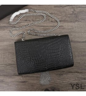 Yves Saint Laurent Keskipitkän Kate Ketju Laukku Tupsu Krokotiili Kohokuvioitu Kiiltävä Nahka Musta/Hopea