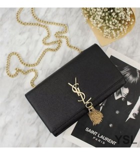 Yves Saint Laurent Keskipitkän Kate Ketju Laukku Tupsu Martioitu Nahka Musta/Kulta
