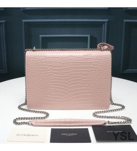 Yves Saint Laurent Medium Sunset Chain Bag In Crocodile Embossed Leather Pink/Silver