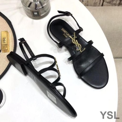 Yves Saint Laurent Cassandra Sandales Plates Avec Cinq Sangles En Cuir De Veau Noir
