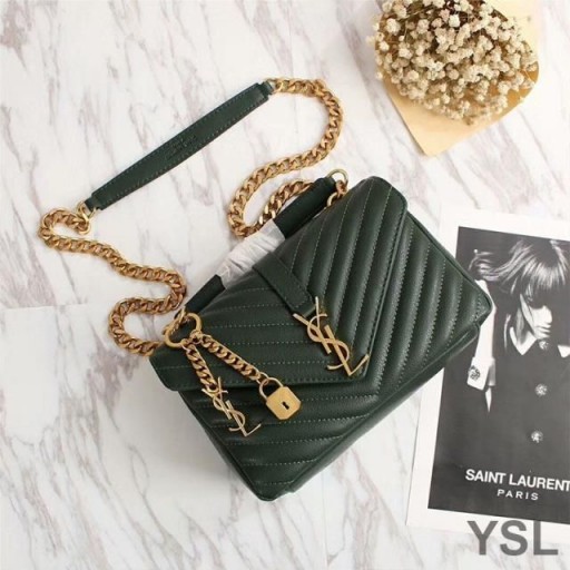 Yves Saint Laurent Moyen Classique Du Collège De La Chaîne De Sac En Cuir Matelassé Vert/Or