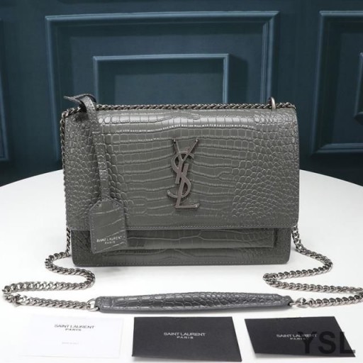 Yves Saint Laurent Moyen Coucher De Soleil De La Chaîne De Sac En Crocodile Embossed Leather Gris/Argent