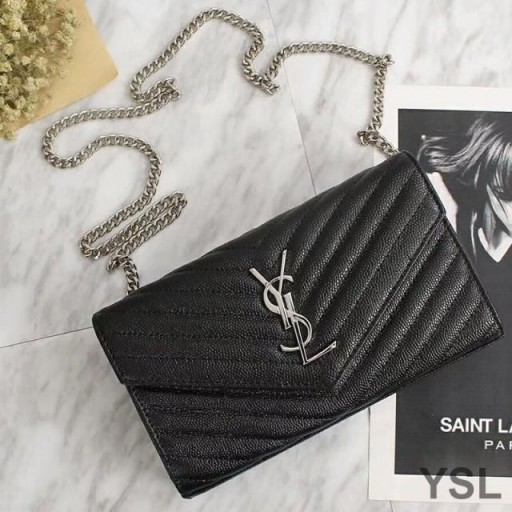 Yves Saint Laurent Monogramme De La Chaîne Porte-Monnaie Dans Grainé Matelassé En Cuir Noir/Argent