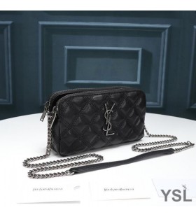 Yves Saint Laurent Becky Double-Pochette Zippée En Diamant Matelassé En Cuir D'Agneau Noir/Argent