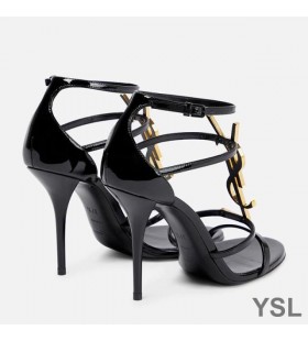 Yves Saint Laurent Cassandra 100 Sandales En Cuir verni avec Logo Or Noir