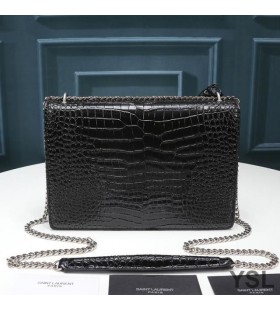 Yves Saint Laurent Moyen Coucher De Soleil De La Chaîne De Sac En Crocodile Embossed Leather Noir/Argent
