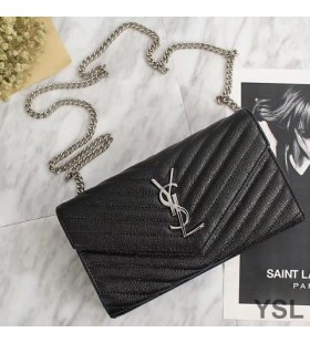 Yves Saint Laurent Monogramme De La Chaîne Porte-Monnaie Dans Grainé Matelassé En Cuir Noir/Argent