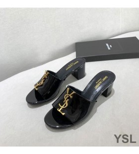 Yves Saint Laurent Monogramme Diapositives À Talons En Cuir Verni Noir