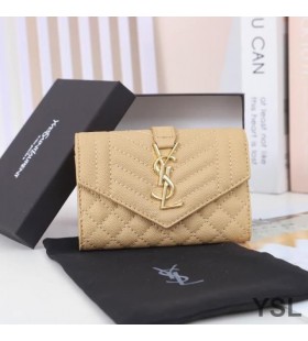 Yves Saint Laurent Petite Enveloppe Rabat Portefeuille Mixte Grainé Matelassé En Cuir Abricot/Or