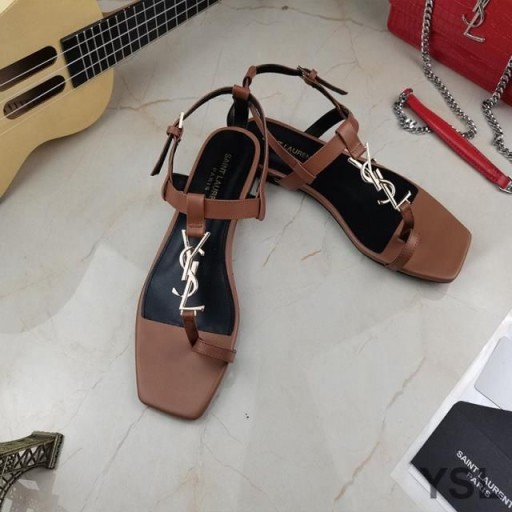 Yves Saint Laurent Cassandra Flache Sandalen mit Brückenkopf-Schleife In Glatt Leder Braun