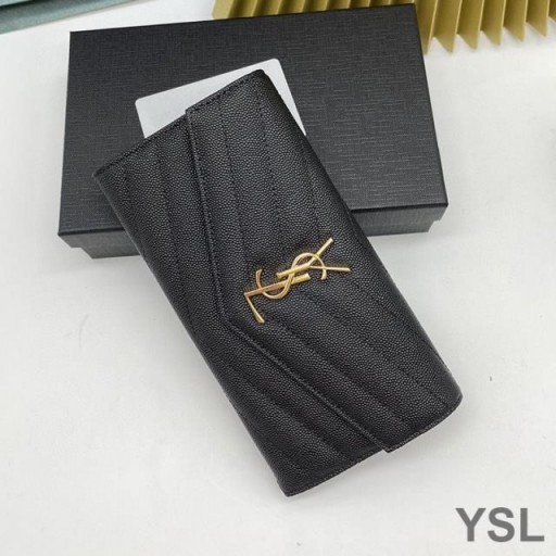 Yves Saint Laurent Große Monogramm-Klappe Brieftasche Aus Genarbtem Matelasse-Leder Schwarz/Gold
