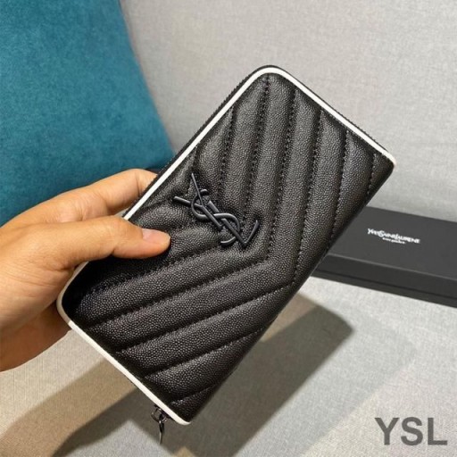 Yves Saint Laurent Großen Monogramm Zip Um Brieftasche Aus Genarbtem Matelasse-Leder Schwarz/Weiß