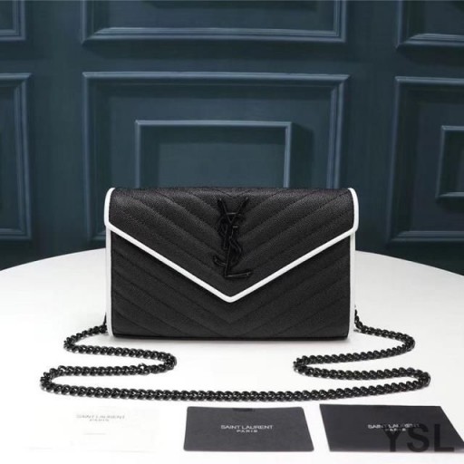 Yves Saint Laurent Monogramm Kette Brieftasche Aus Genarbtem Matelasse-Leder Schwarz/Weiß