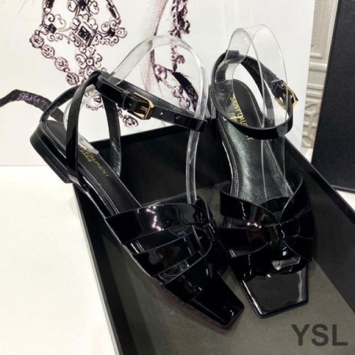 Yves Saint Laurent Tribute Flache Sandalen Patent Leder Schwarz