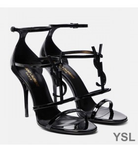 Yves Saint Laurent Cassandra 100 Sandalen Patent Leder mit Schwarz Logo Schwarz