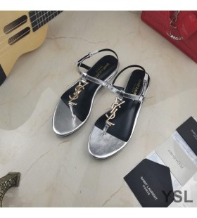 Yves Saint Laurent Cassandra Flache Sandalen Mit T-Riemen In Kalbsleder Leder-Silber