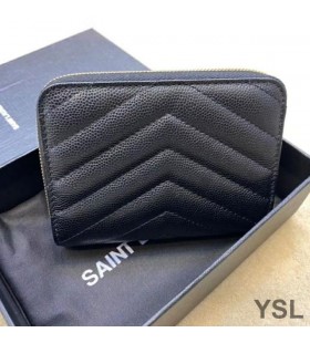 Yves Saint Laurent Kompakte Zip Um Brieftasche Aus Genarbtem Matelasse-Leder Schwarz/Gold