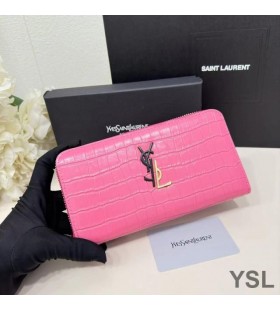 Yves Saint Laurent Großen Cassandra Dekonstruieren Zip Around Wallet, Crocodile Embossed Leather Rose
