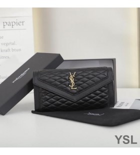 Yves Saint Laurent Großen Gaby Flap Wallet Gestepptes Lammfell Schwarz/Gold
