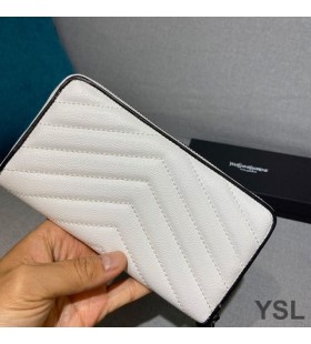 Yves Saint Laurent Großen Monogramm Zip Um Brieftasche Aus Genarbtem Matelasse-Leder Weiß/Schwarz