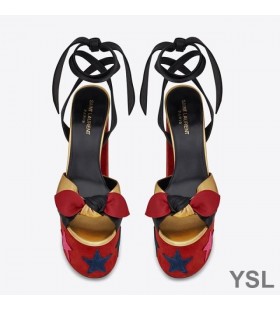 Yves Saint Laurent Paige Platform Sandals In Suede Mit Sternen Patchwork Rot