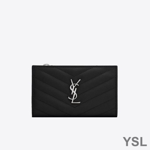 Yves Saint Laurent Θραύσματα Φερμουάρ Bifold Πορτοφόλι Σε Κόκκους Matelasse Δέρματος Μαύρο/Ασημί
