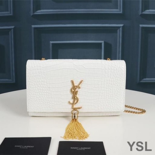 Yves Saint Laurent Μέσο Κέιτ Αλυσίδα Τσάντα με το Θύσανο Στο αποτυπωμένες σε Ανάγλυφο Κροκόδειλος Λαμπερό Δέρμα Λευκό/Χρυσό