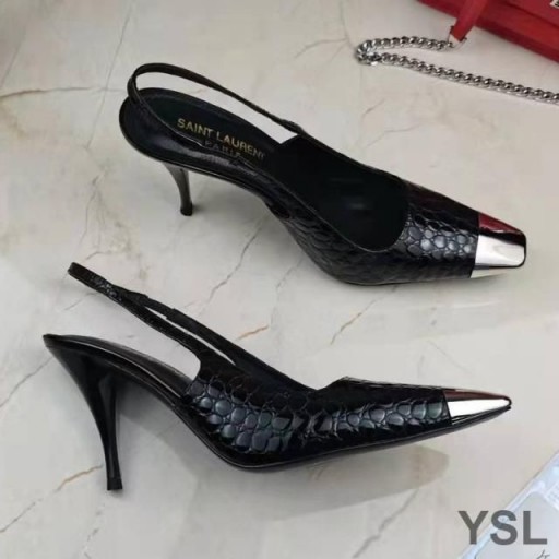 Yves Saint Laurent Εσπερινός Slingback Γόβες Σε Πέτρα Σιτηρών Δέρμα Μαύρο